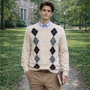 Dockers Argyle Sweater Ivory Cotton Men’s L Crewneck Preppy Country Club